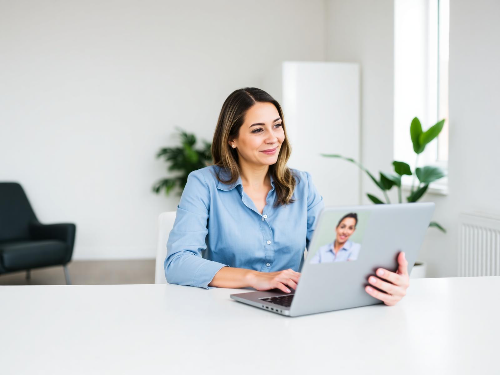 Client attending an online counselling appointment from a calm, private home setting